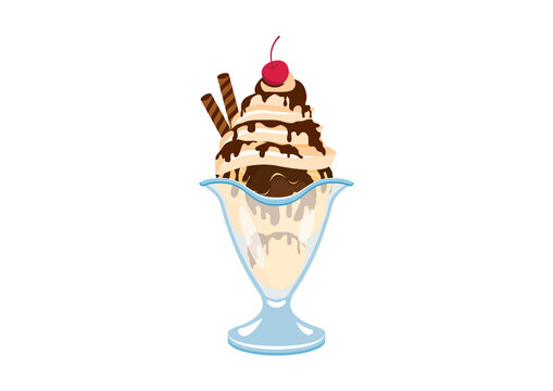Ice cream sundae with whipped cream, chocolate icing and cherry on top vector. Hot Fudge Sundae icon. Vanilla ice cream sundae icon isolated on a white background. Ice cream in a glass cup vector