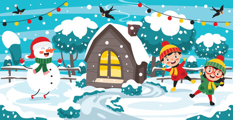 Fototapeta na wymiar Christmas Greeting Card Design With Cartoon Characters