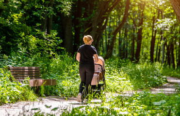 Fototapeta premium Mother wheeling a pram in the Park 