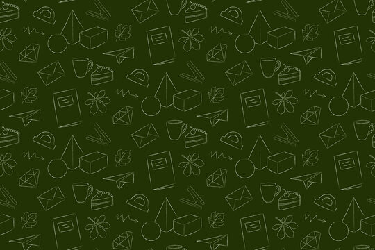 Seamless pattern on the theme of education, white linear vector on a green background