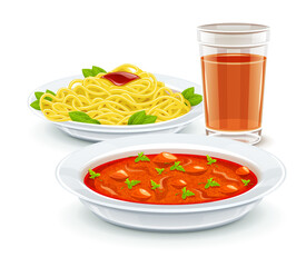 Set meal dinner menu with soup pasta and juice drink. Isolated on white background. Illustration.