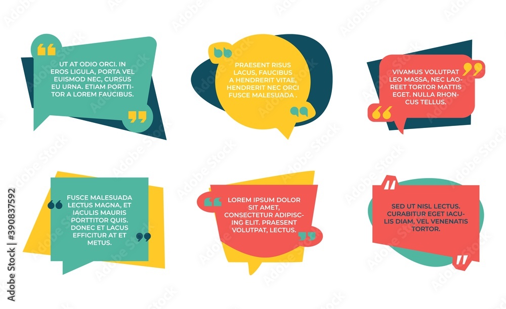 Aufkleber quotation box. quote colorful shapes, speech bubbles with place for text. frame for comments, round 