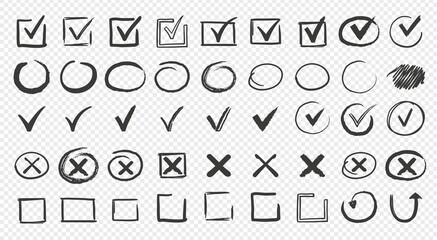 Hand drawn check signs. Doodle checkmarks and crosses. Empty and filled boxes for answers in test, confirmation or negation icons. Checklist pencil marks template, vector voting isolated flat set - obrazy, fototapety, plakaty