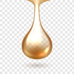 Oil drop. Liquid realistic gold droplet, gasoline petrol yellow lubricant or machine grease drip. Eco, bio cosmetic and beauty golden fluid, serum capsule. Vector 3D liquid for cooking or honey set