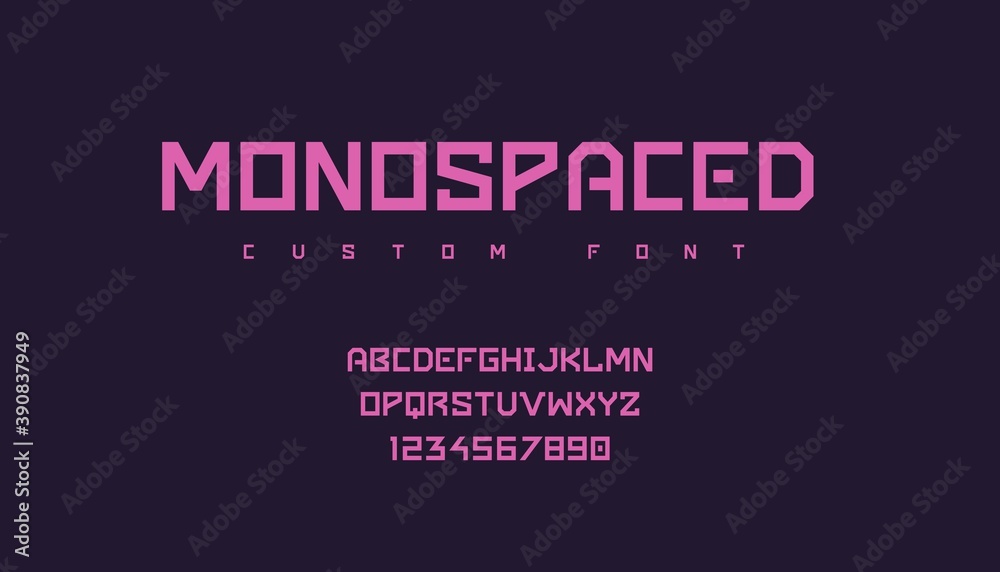 Fototapete futuristic font. minimalist monospace geometric pink typeface with uppercase text symbols and number