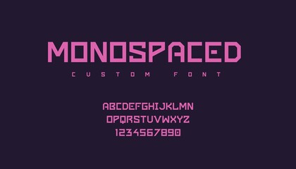 Futuristic font. Minimalist monospace geometric pink typeface with uppercase text symbols and numbers for trendy logo, emblem or poster headers. Vector modern lettering and calligraphy template