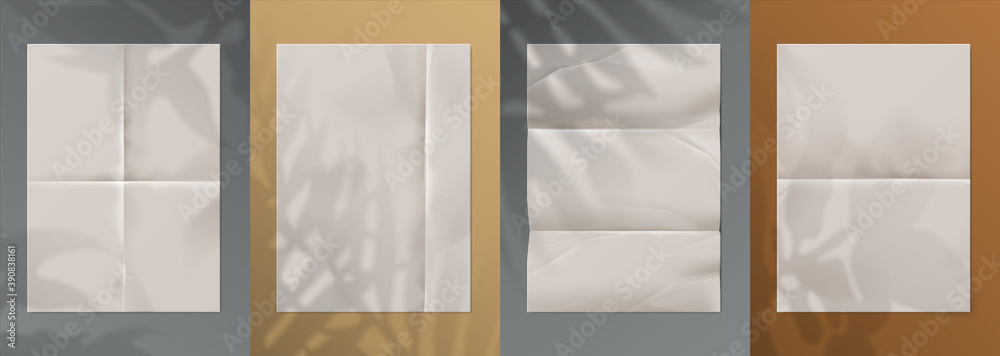 Poster Blank paper with folds. Realistic straightened page mockup with copy space for text and sketch. Empty sheets on gray and brown background with floral shadow effect. Vector letter or note template set