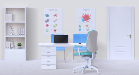 Doctor office interior. Realistic 3D empty clinic cabinet with work desk, computer, room furniture and medical posters on wall. Physician consultation workspace, vector health care illustration