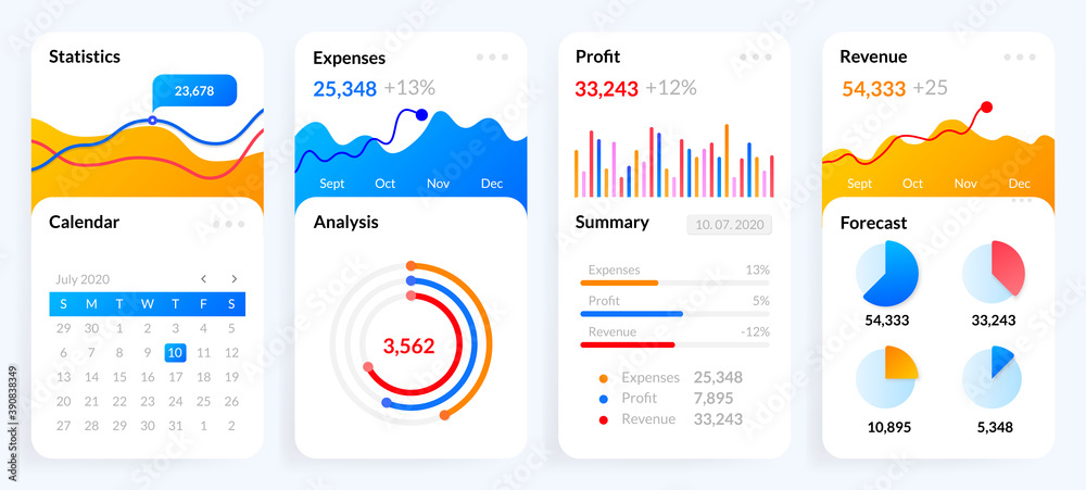 Aufkleber Mobile charts UI. Phone screen with dashboard analytics, modern diagrams and bars with stock statistics and forecasts. Financial statement schemas for presentation, vector smartphone report templates