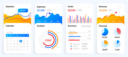 Mobile charts UI. Phone screen with dashboard analytics, modern diagrams and bars with stock statistics and forecasts. Financial statement schemas for presentation, vector smartphone report templates