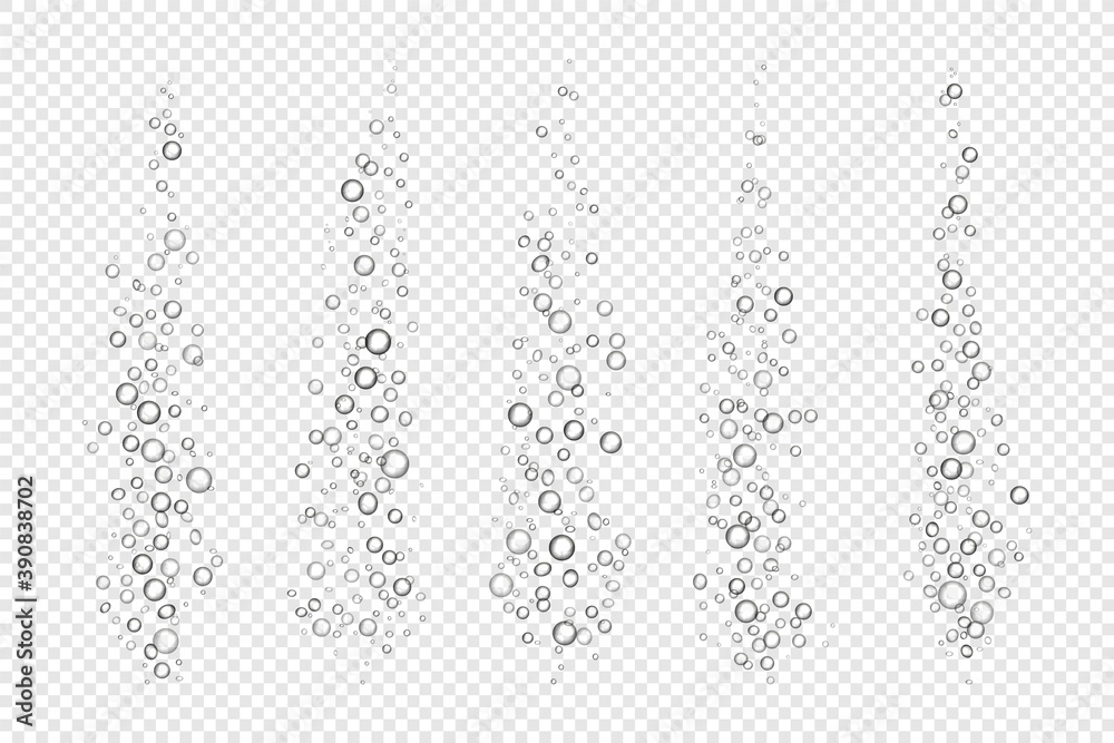 Poster Fizzing air bubbles. Realistic underwater flow on transparent background. 3D effect of breathing gas in liquid or boiling water. Collection of isolated oxygen movement in water. Vector champagne set