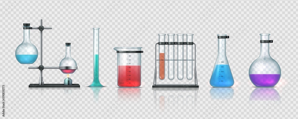 Aufkleber Laboratory equipment. 3D realistic chemistry lab measuring glassware. Collection of test tubes and flasks with colorful liquid. Metal holders and bottles on transparent background, vector science set