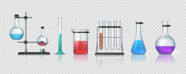 Laboratory equipment. 3D realistic chemistry lab measuring glassware. Collection of test tubes and flasks with colorful liquid. Metal holders and bottles on transparent background, vector science set © SpicyTruffel