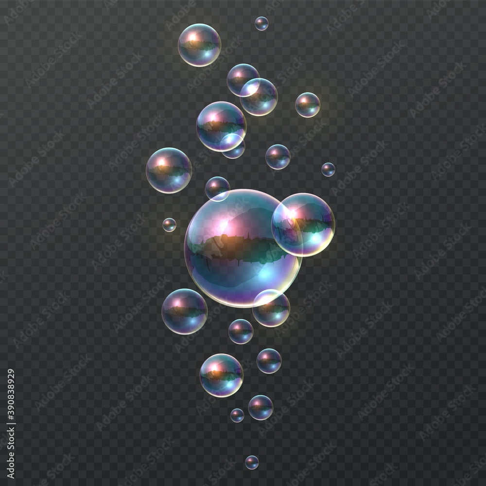 Aufkleber soap bubble. realistic colorful shampoo ball, iridescent colorful cloud of big and little soapy roun