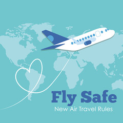 fly safe campaign lettering poster with airplane flying and earth maps