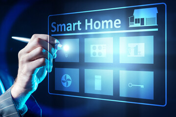 Smart home control panel close-up. Man's hands press on the inscription smart home. Smart home Panel on a virtual screen. Concept - management of IOT house system. Installation of IOT house.