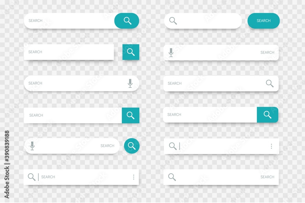 Poster Search bar. Collection of input lines with find buttons, magnifier and microphone icons. Browser interface option, web site or mobile application element on transparent background. Vector template set