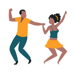 Pair of dancers. Cute young people at party or festival. Cartoon cheerful man and woman dancing together. Happy couple celebrate holiday or carnival music event. Vector disco isolated illustration