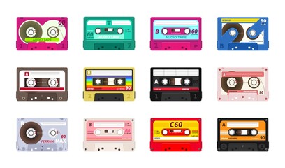 Retro music cassettes. Realistic old school sound record technology. 90s and 80s disco party and entertainment. Audio recording tape in colorful plastic body. Vintage decoration, vector media set