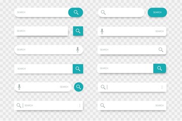 Search bar. Collection of input lines with find buttons, magnifier and microphone icons. Browser interface option, web site or mobile application element on transparent background. Vector template set