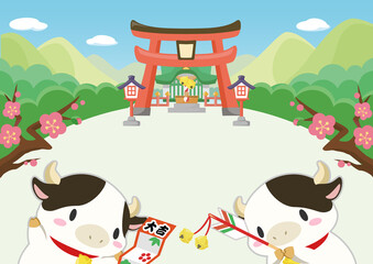 年賀状 2021年　丑年　初詣に行くうしのテンプレート　文字無し