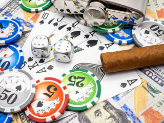 playing cards, poker chips, alcohol shot bottle,  cigar, addiction vices concept 