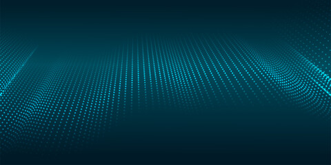 Abstract digital background of glow particles. Color music sound wave. Vector technology dynamic dots background.