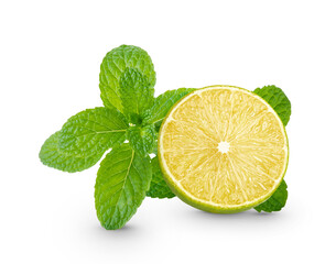 Fresh lime sliced with mint leaf isolated on white background