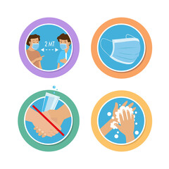 Icon set. Coronavirus prevention, safety distance, stop sread coronavirus disease, keep the distance, wash hands, wear mask, prohibition to shake hands and sharing glas. Flat vector illustration, sign