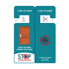 Coronavirus quarantine door hang sign, card, virus spread prevention, stay at home advice. Flat vector illustration, isolated objects. Poster, card design