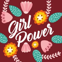 Fotobehang power girl lettering poster with flowers garden © Gstudio