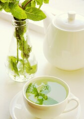 Fresh green mint in a glass of water and in a white cup in the summer by the window.