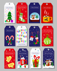 A large set of several tags for Christmas and New Year. For packing goods, shops, congratulations and presentations. Vector illustration. Winter pictures.