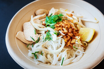 Delicious homemade Vietnamese soup Pho cooked with rice noodles, coriander leaves, soy sprouts, onions and chicken pieces for a complete and healthy meal
