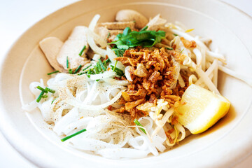 Delicious homemade Vietnamese soup Pho cooked with rice noodles, coriander leaves, soy sprouts, onions and chicken pieces for a complete and healthy meal