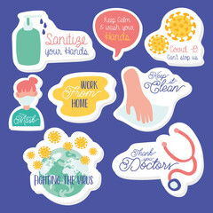 set of campaigns letterings and icons in purple background