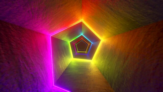 Endless flight in the corridor with a laser neon curve. Multicolored Seamless loop 3d render