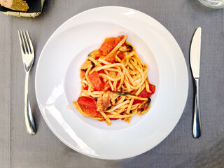 Tasty pasta, Italian tomato sauce pasta on the table