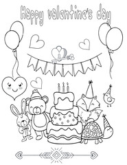 Coloring book page for Valentine's Day- Coloring page- Black and White Cartoon Illustration.