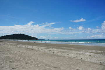 Beach with clear blue skies at Rayong Beach at Rayong Beach, Thailand.