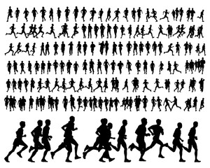 Young athletes run a marathon. Isolated silhouettes on white background
