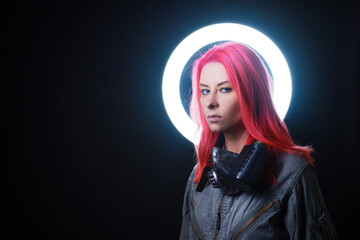 Teleportation to virtual reality. Cyber punk concept, a girl gamer with pink hair