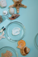 Eco-friendly cosmetics, a set of ingredients and bottles