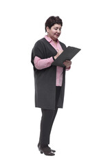in full growth. confident mature woman with clipboard