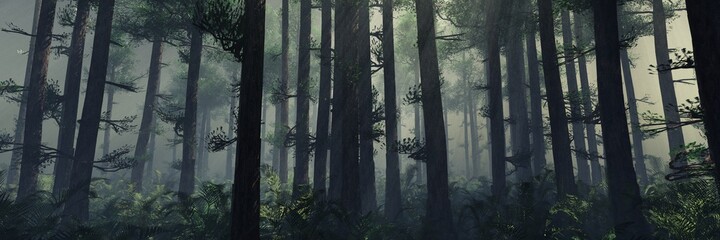 Trees in the fog. The smoke in the forest in the morning. A misty morning among the trees. 3D rendering