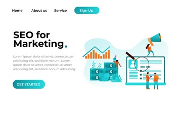 Seo and content marketing banner with character. Can use for web banner, infographics, hero images. Flat isometric vector illustration isolated on white background.