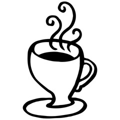 Decorative outline drawing of a cup of hot coffee or tea - black and white image. Digital illustration made after hand drawn sketch. Isolated element.