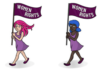Woman walking, looking at the camera, carrying a flag on women's rights. The flag text is fully editable