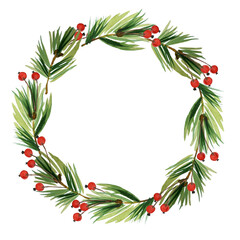 New year, Christmas wreath. Evergreen branches with red berries frame with place for date,...