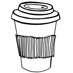Black-white sketch of coffee-to-go mug with cover. Isolated element on white background. Hand drawn digital illustration